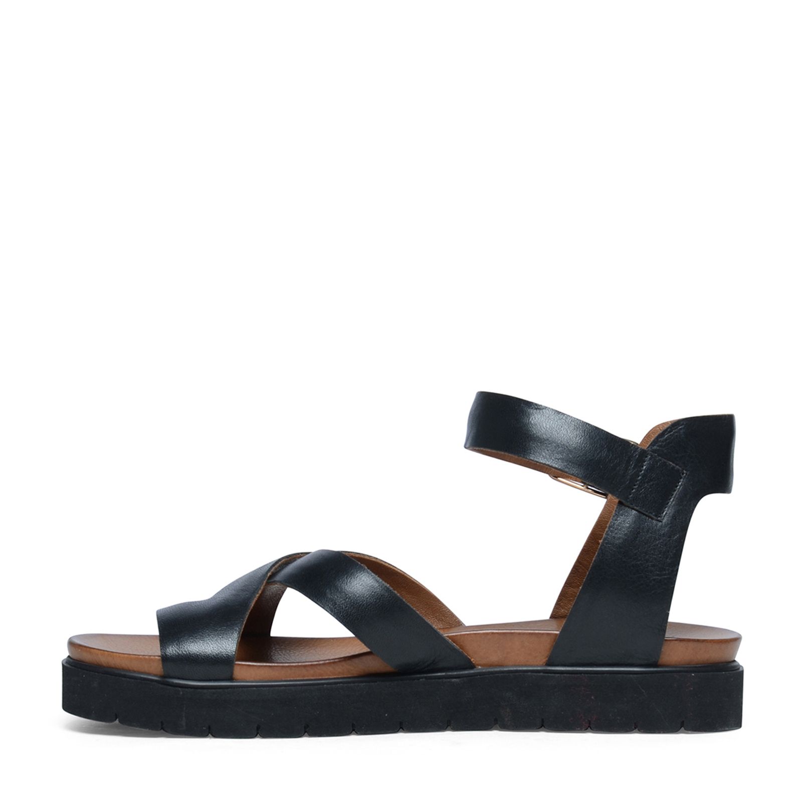 Zwarte leren plateau sandalen met gespsluiting