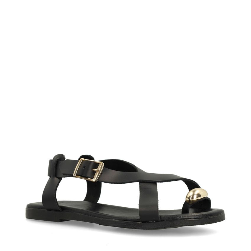 Schwarze Ledersandalen mit goldfarbenem Detail