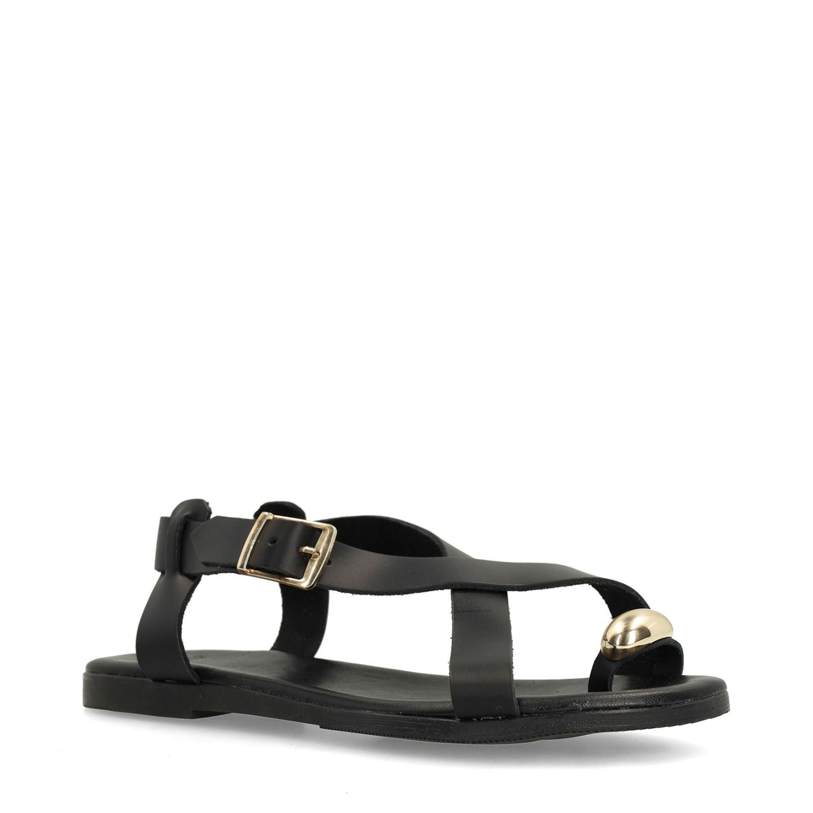 Zwart leren sandalen met goudkleurig detail