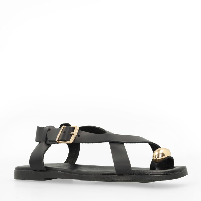 Zwart leren sandalen met goudkleurig detail