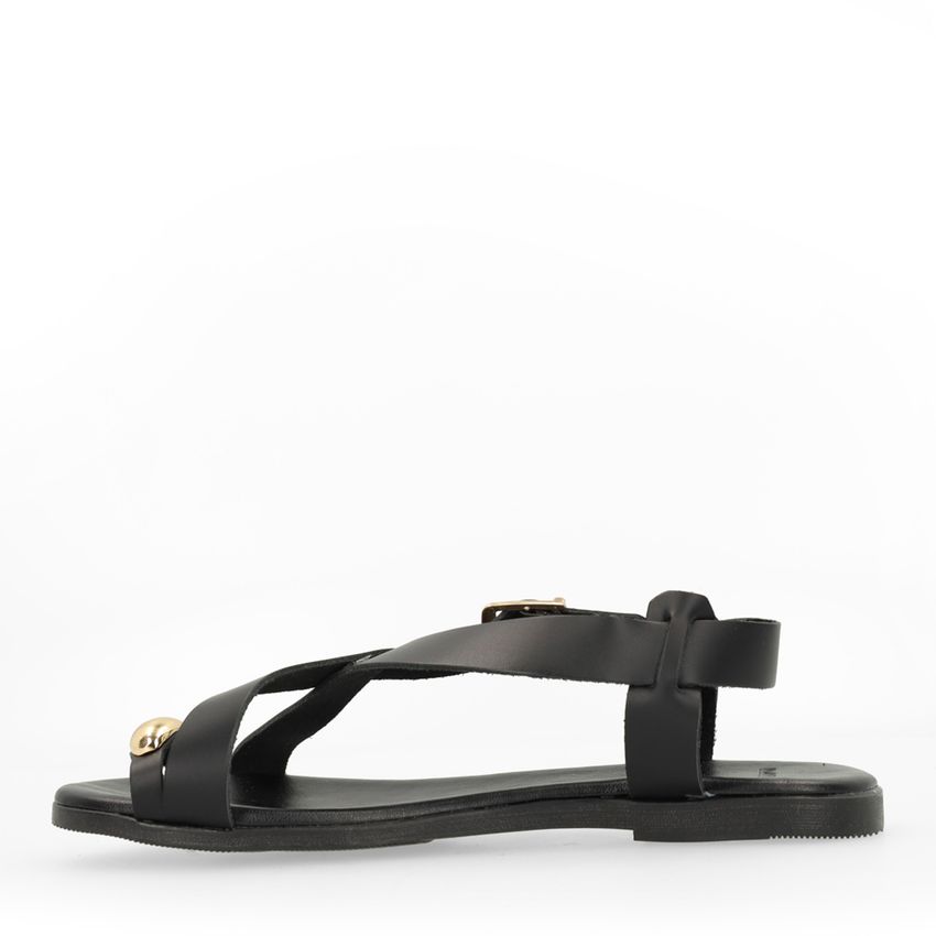 Zwart leren sandalen met goudkleurig detail