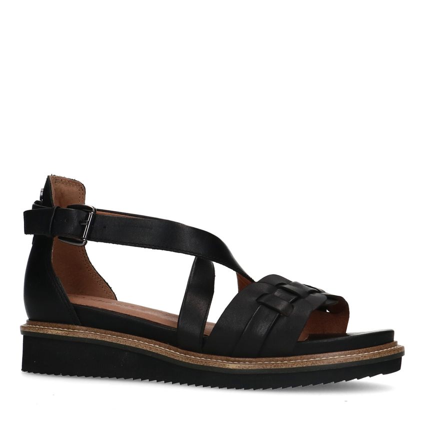 Zwarte leren sandalen met gevlochten band