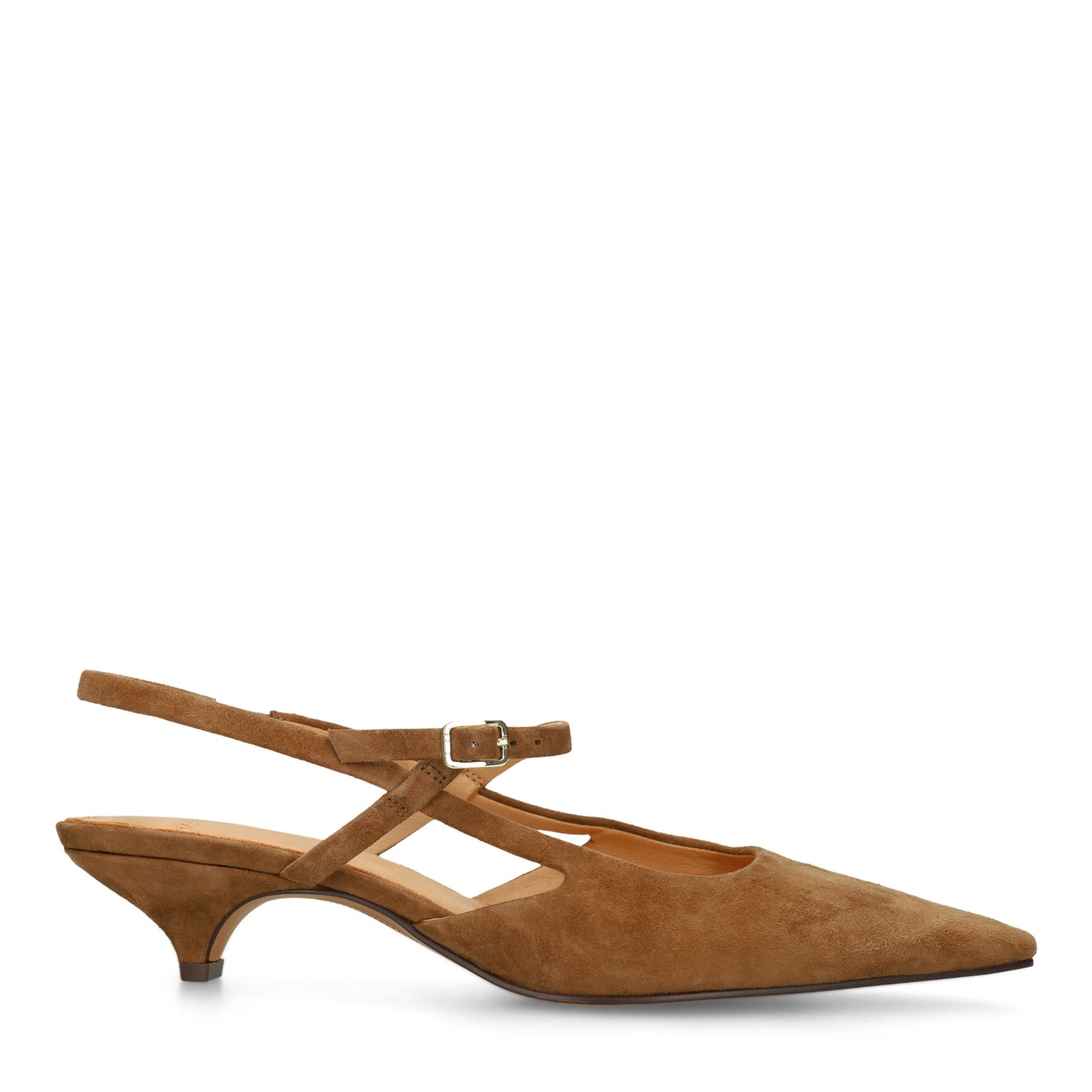 Cognacfarbene Veloursleder-Slingbacks mit Kitten Heel