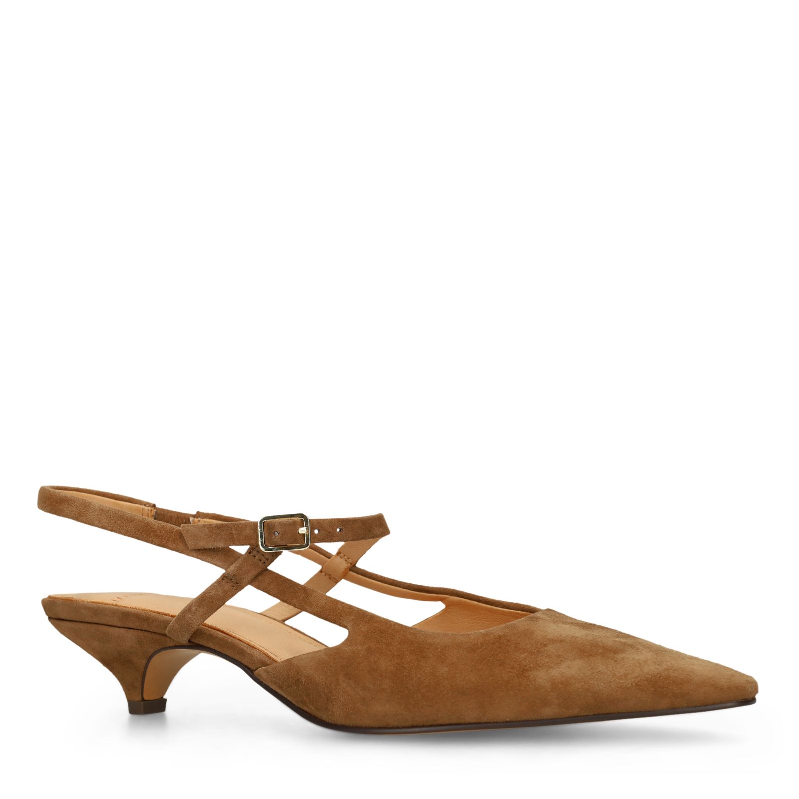 Cognacfarbene Veloursleder-Slingbacks mit Kitten Heel
