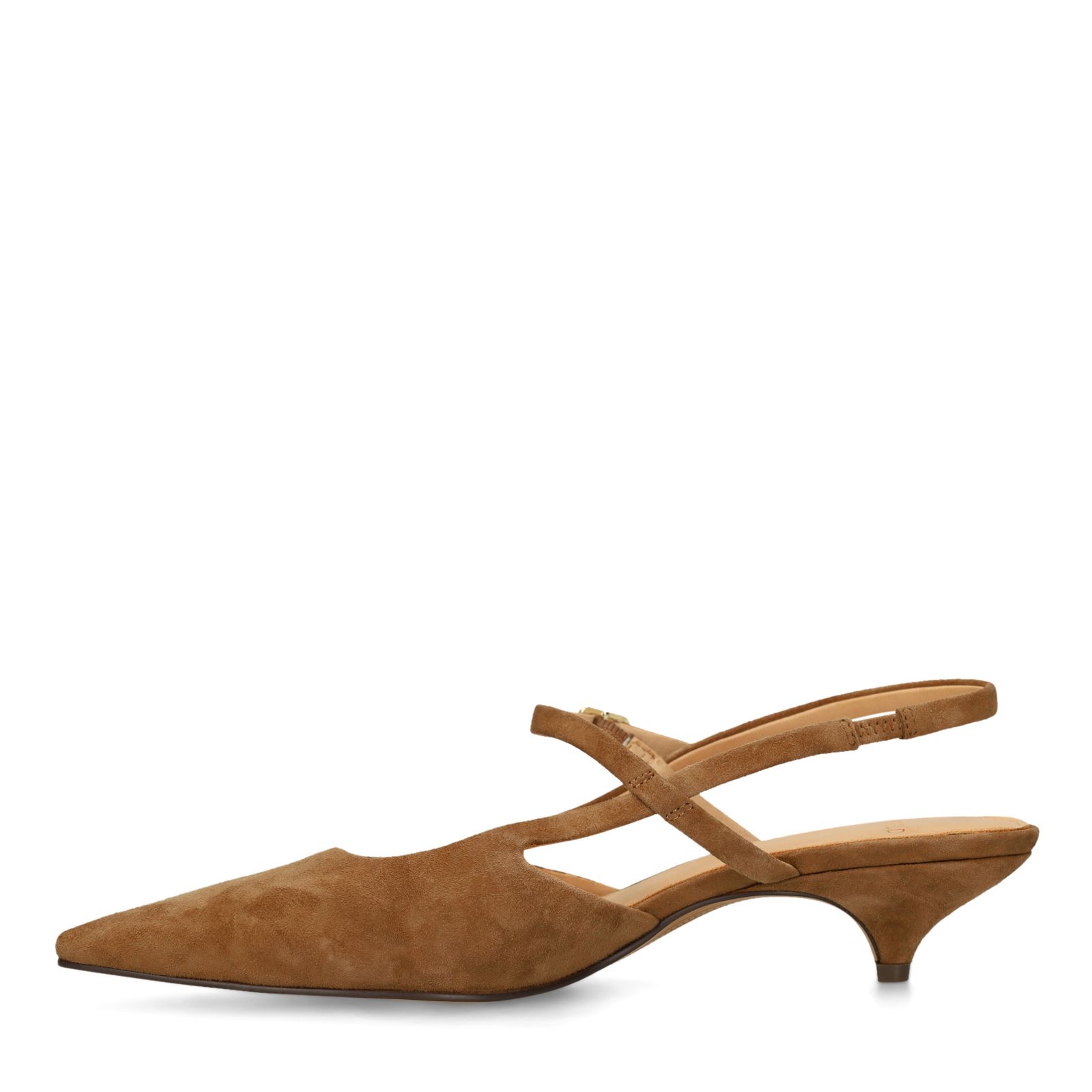 Cognacfarbene Veloursleder-Slingbacks mit Kitten Heel