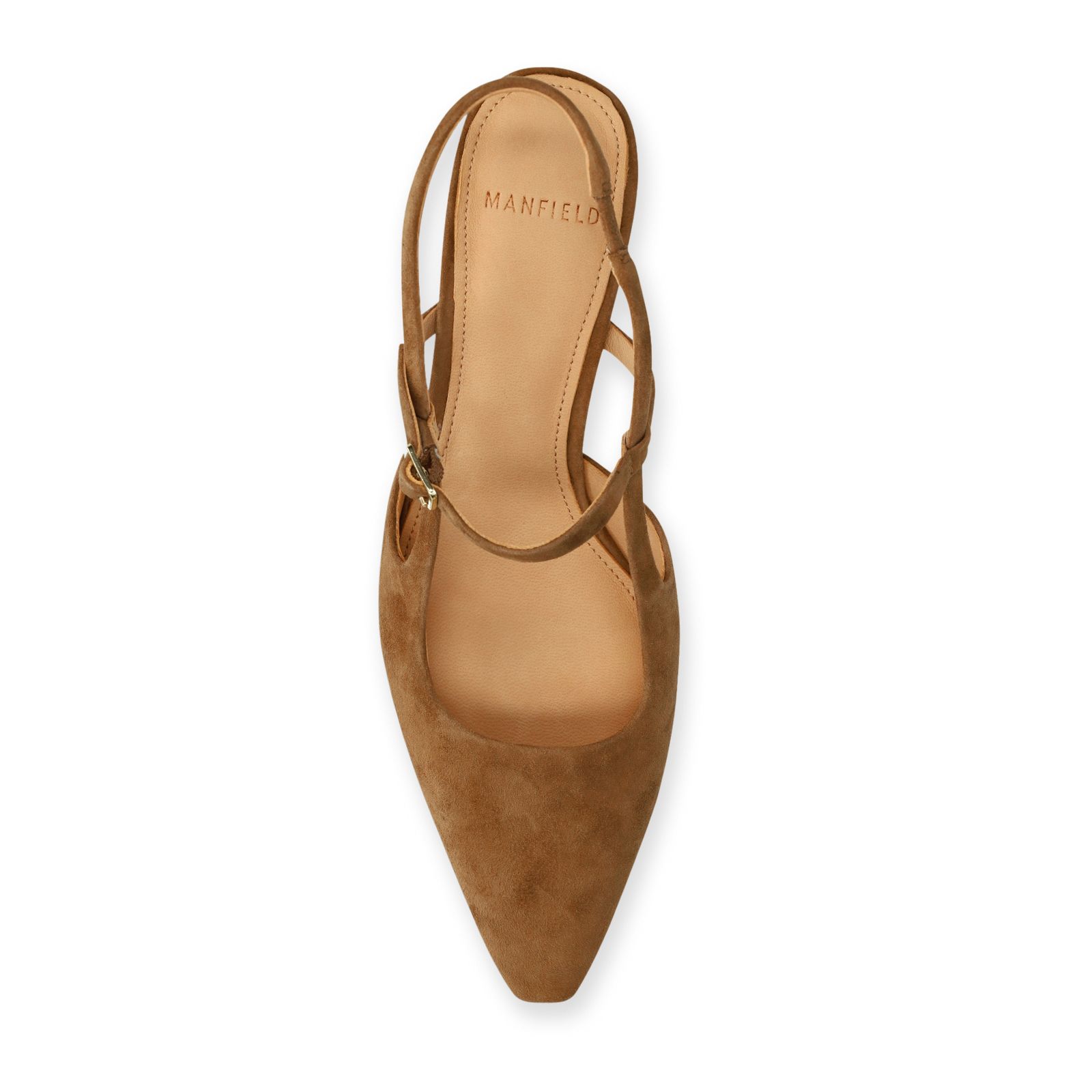 Cognacfarbene Veloursleder-Slingbacks mit Kitten Heel