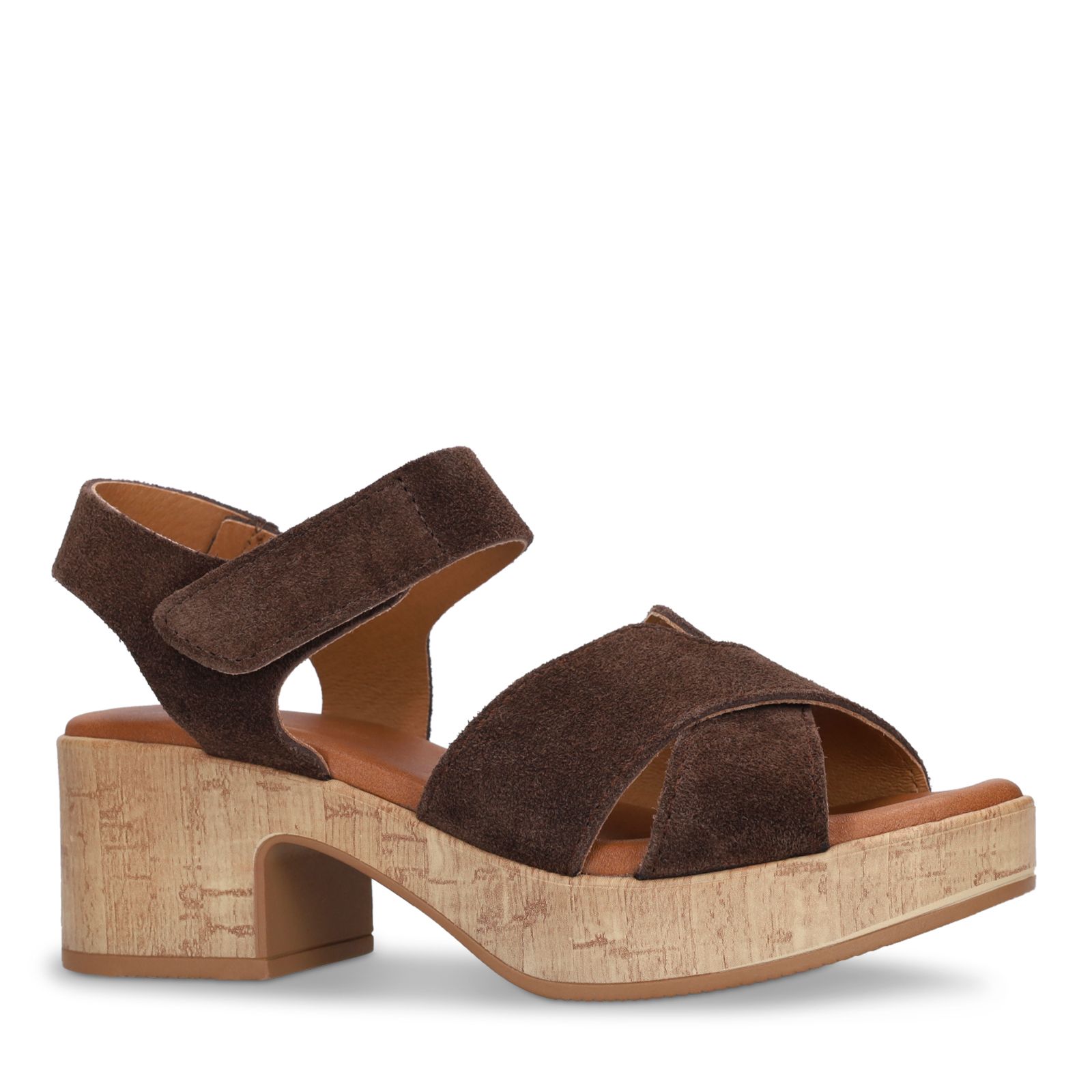 Braune Veloursleder-Sandaletten mit Blockabsatz