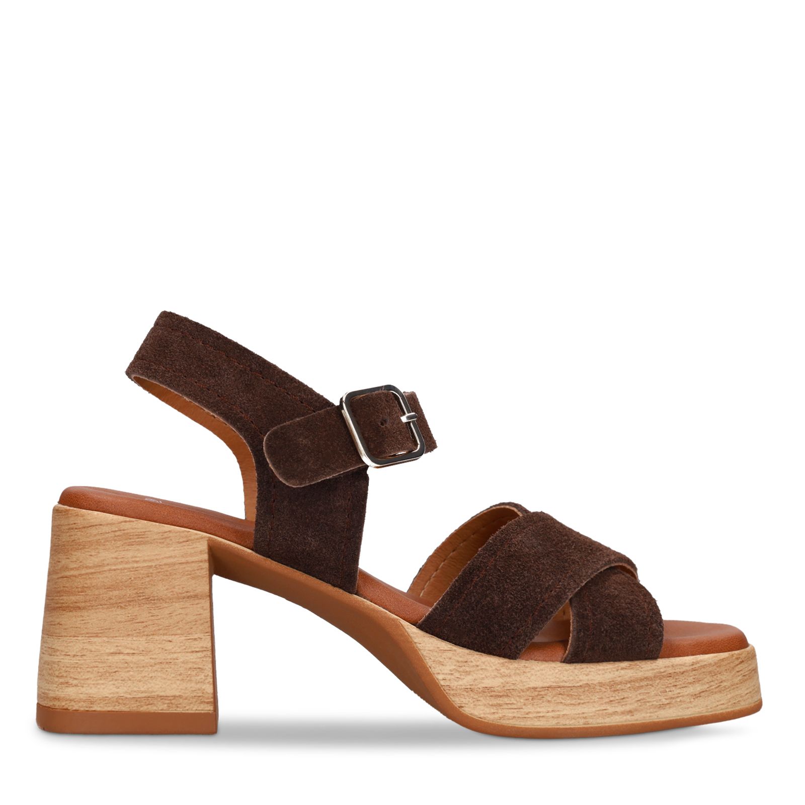 Bruine suède sandalen met blokhak