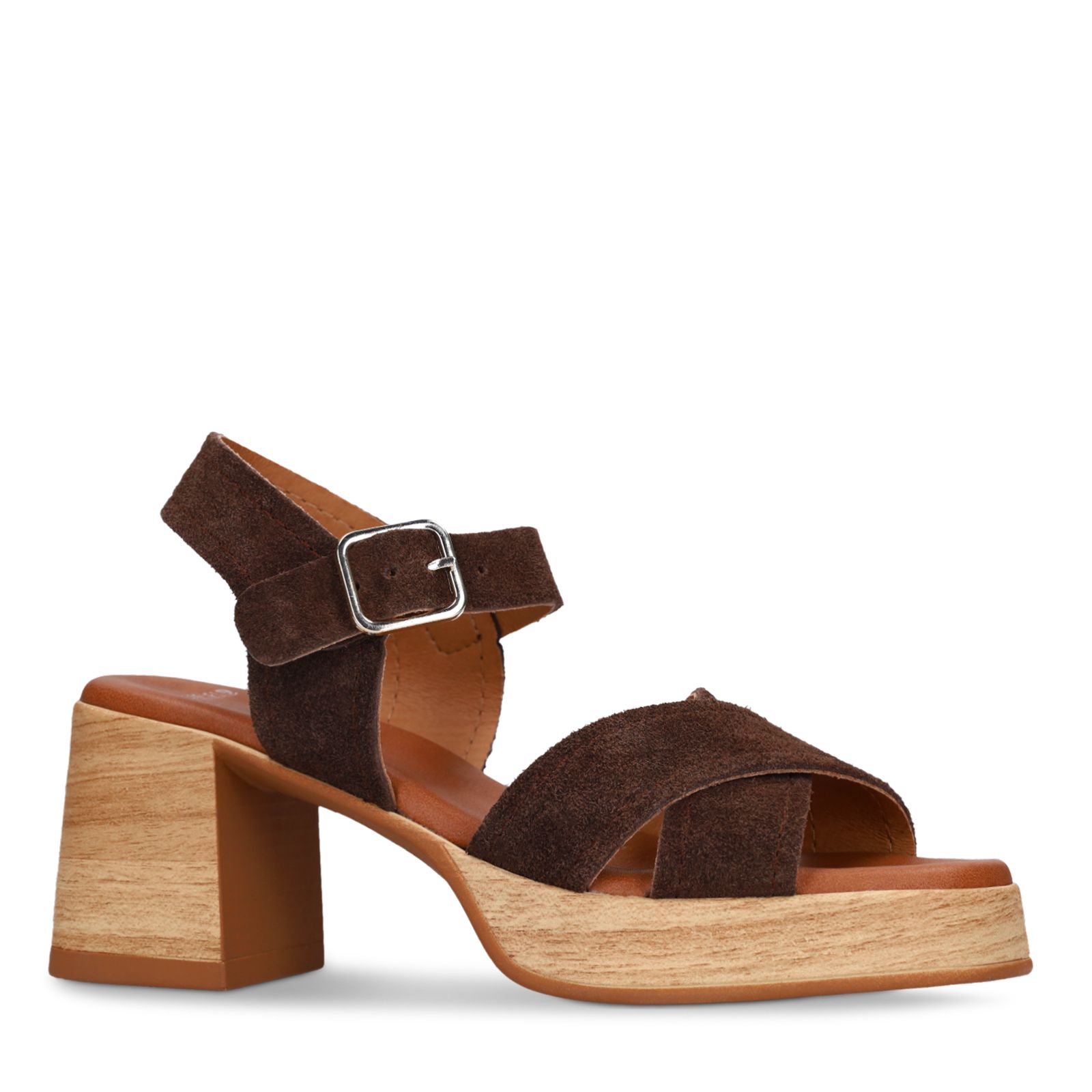 Bruine suède sandalen met blokhak