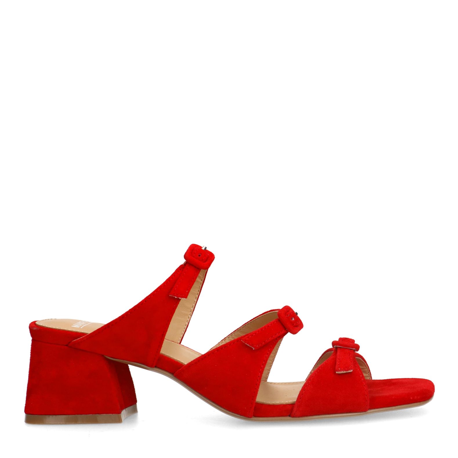 Rote Veloursleder-Sandaletten mit Schnallen