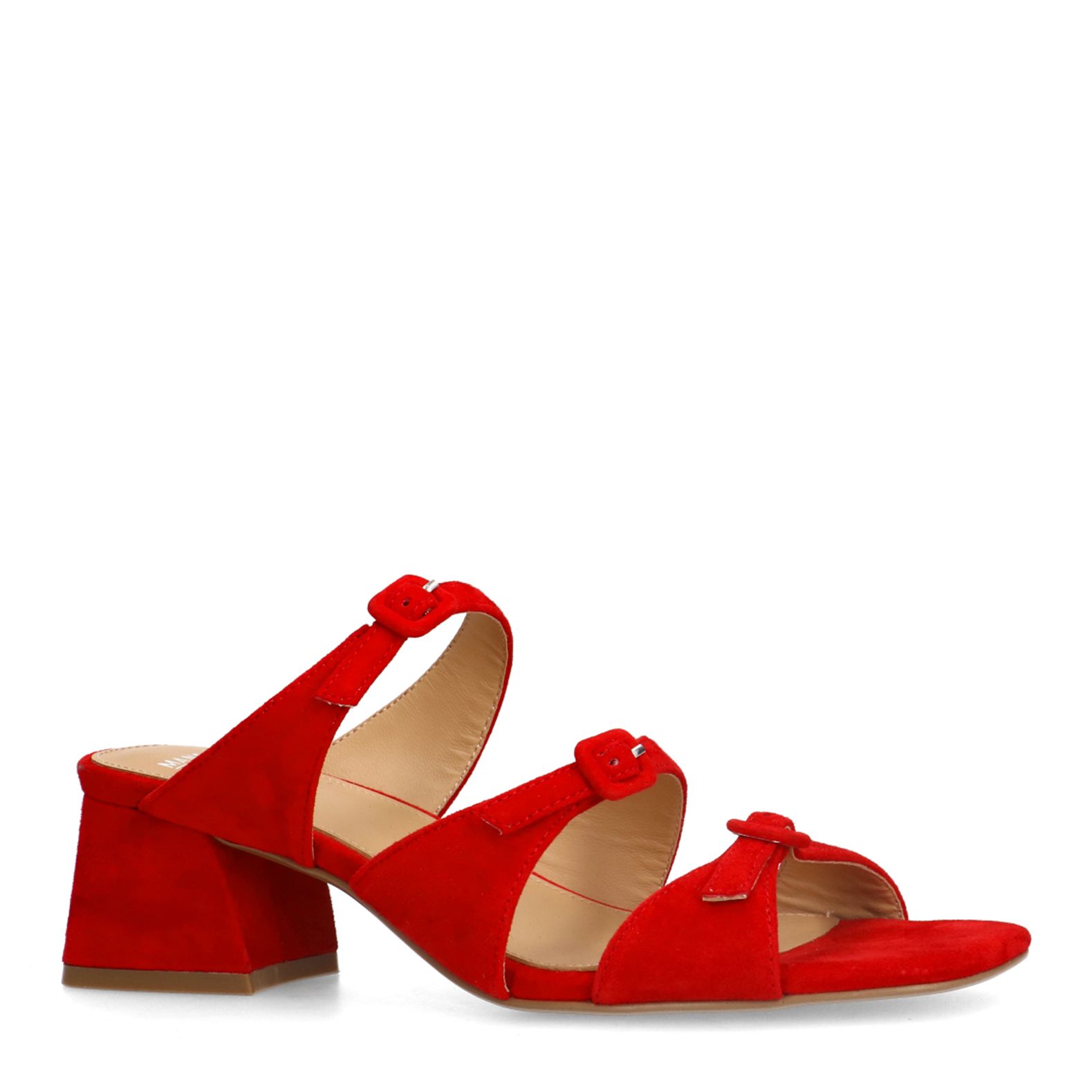 Rote Veloursleder-Sandaletten mit Schnallen