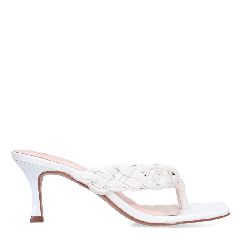 Witte leren gevlochten hak slippers
