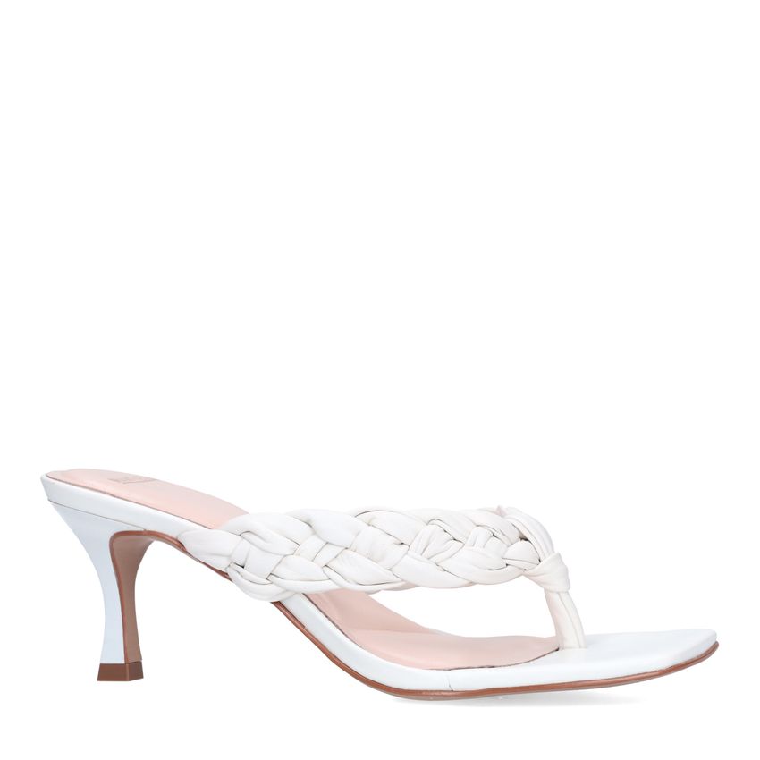 Witte leren gevlochten hak slippers