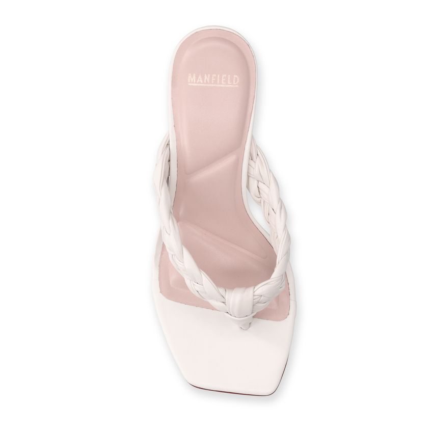 Witte leren gevlochten hak slippers