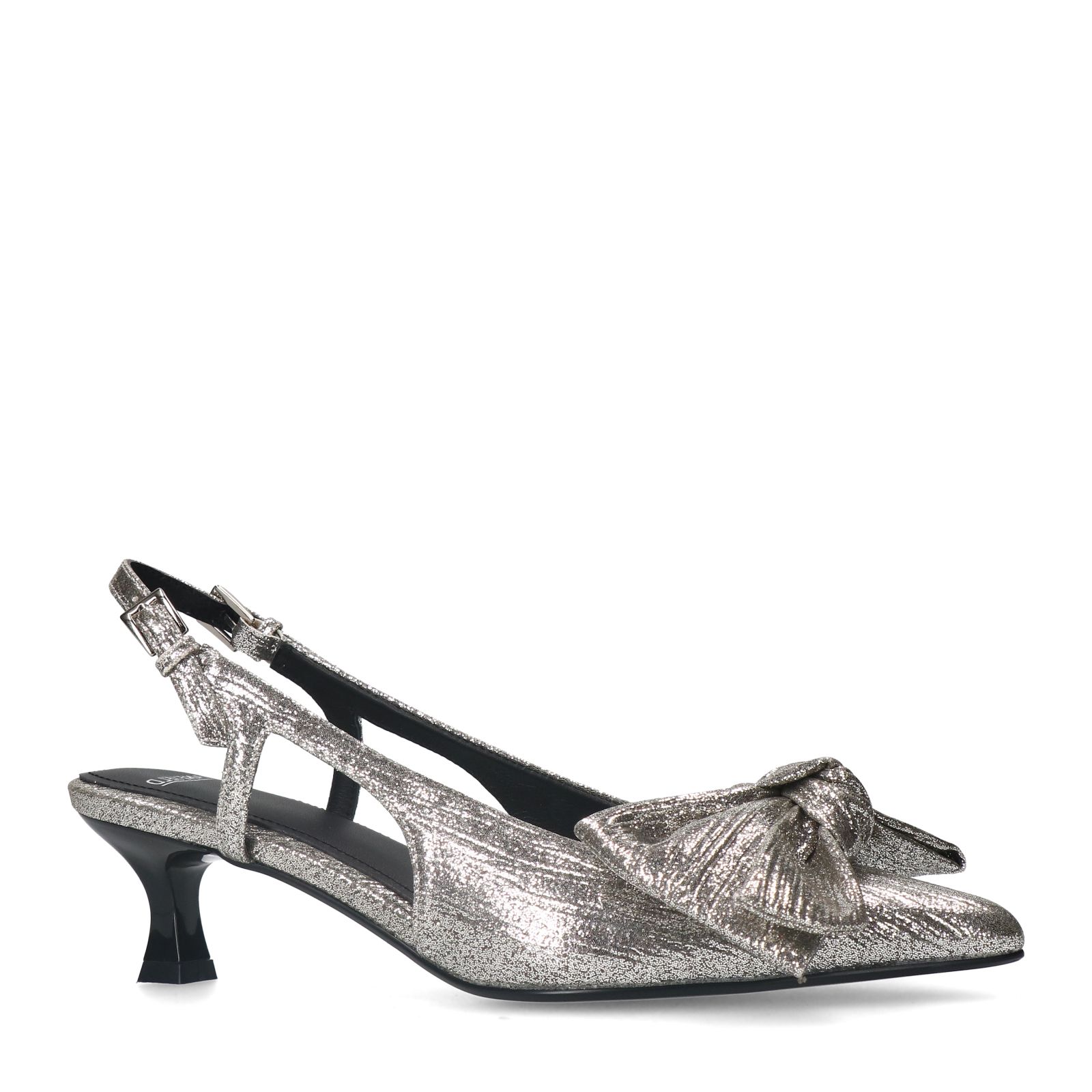 Zilveren glitter slingbacks met strik