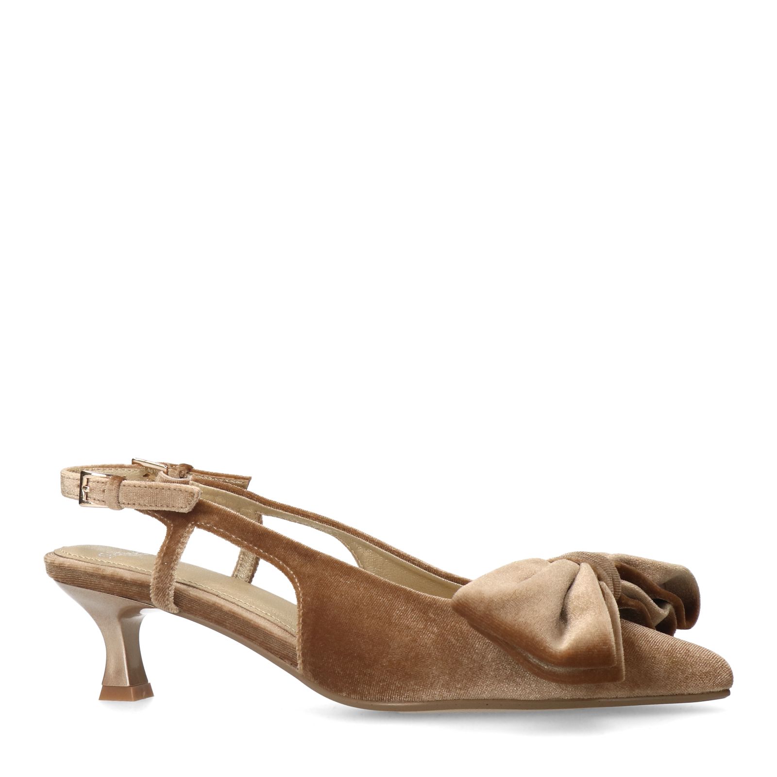 Taupefarbene Veloursleder-Slingbackpumps mit Schleife
