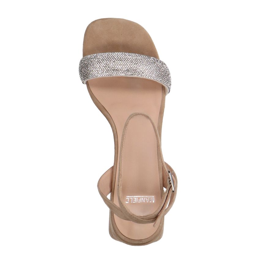 Beige suède sandalen met hak met strass