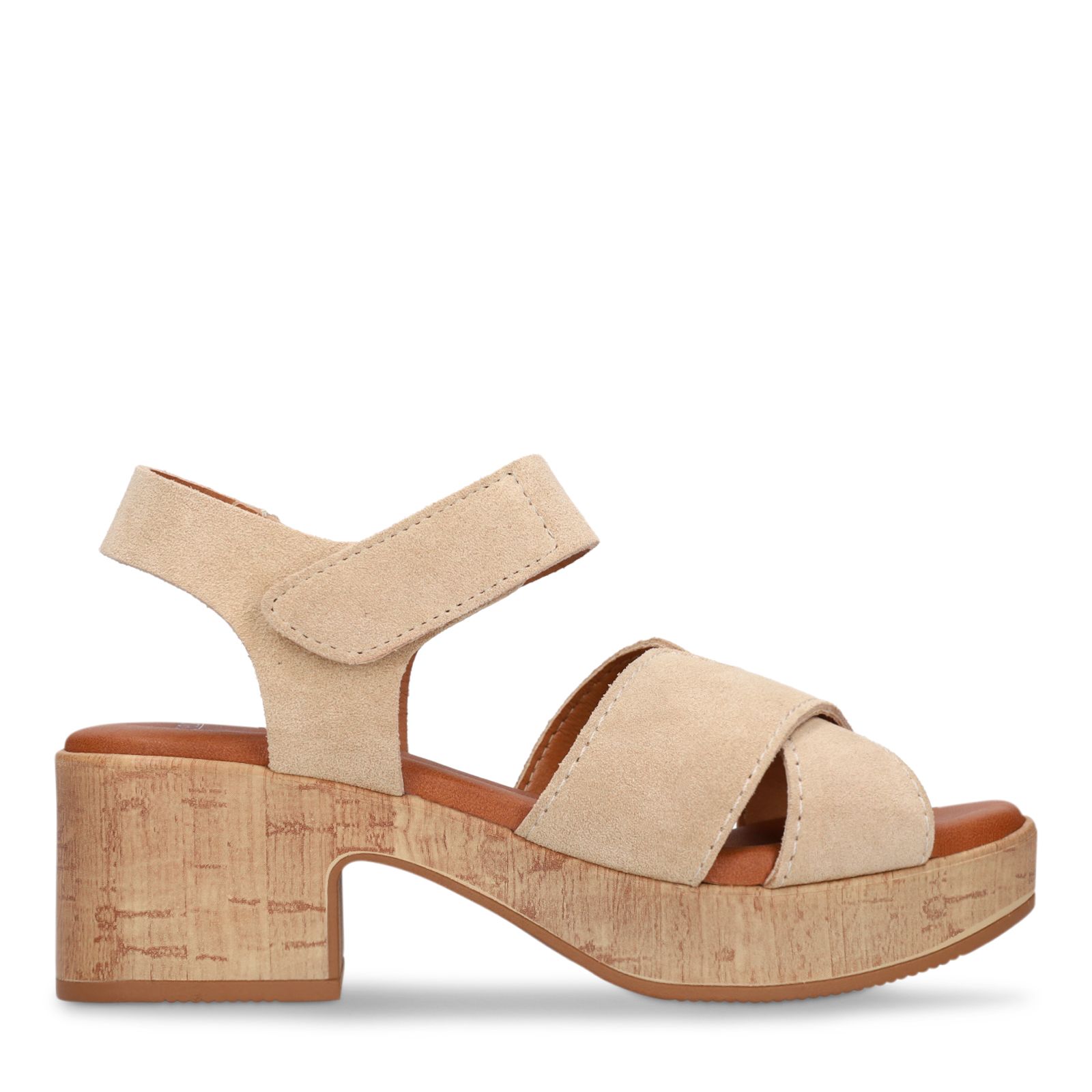 Beige suède sandalen met blokhak