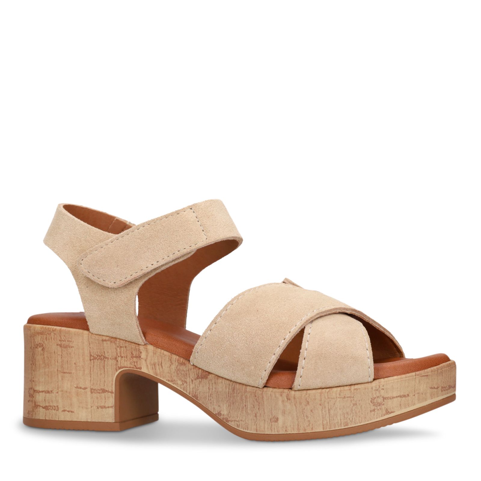 Beige suède sandalen met blokhak