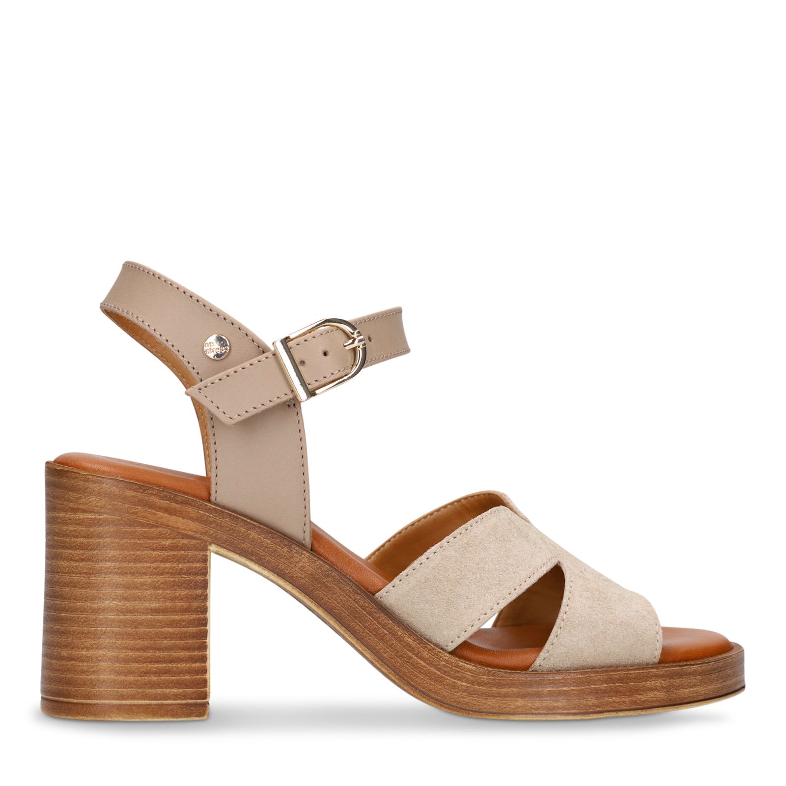 Beige suède sandalen met blokhak