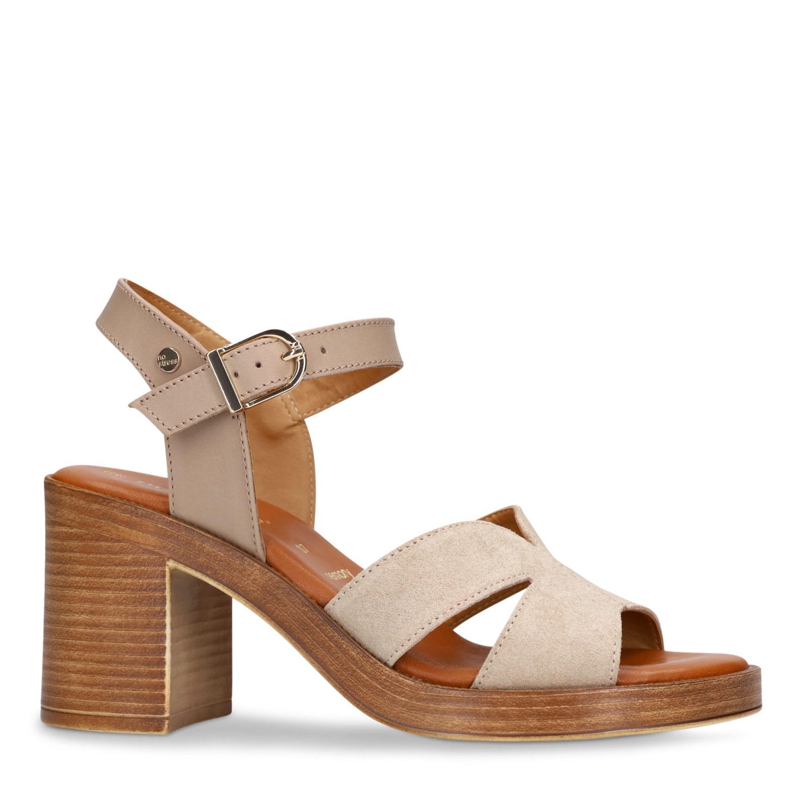 Beige suède sandalen met blokhak