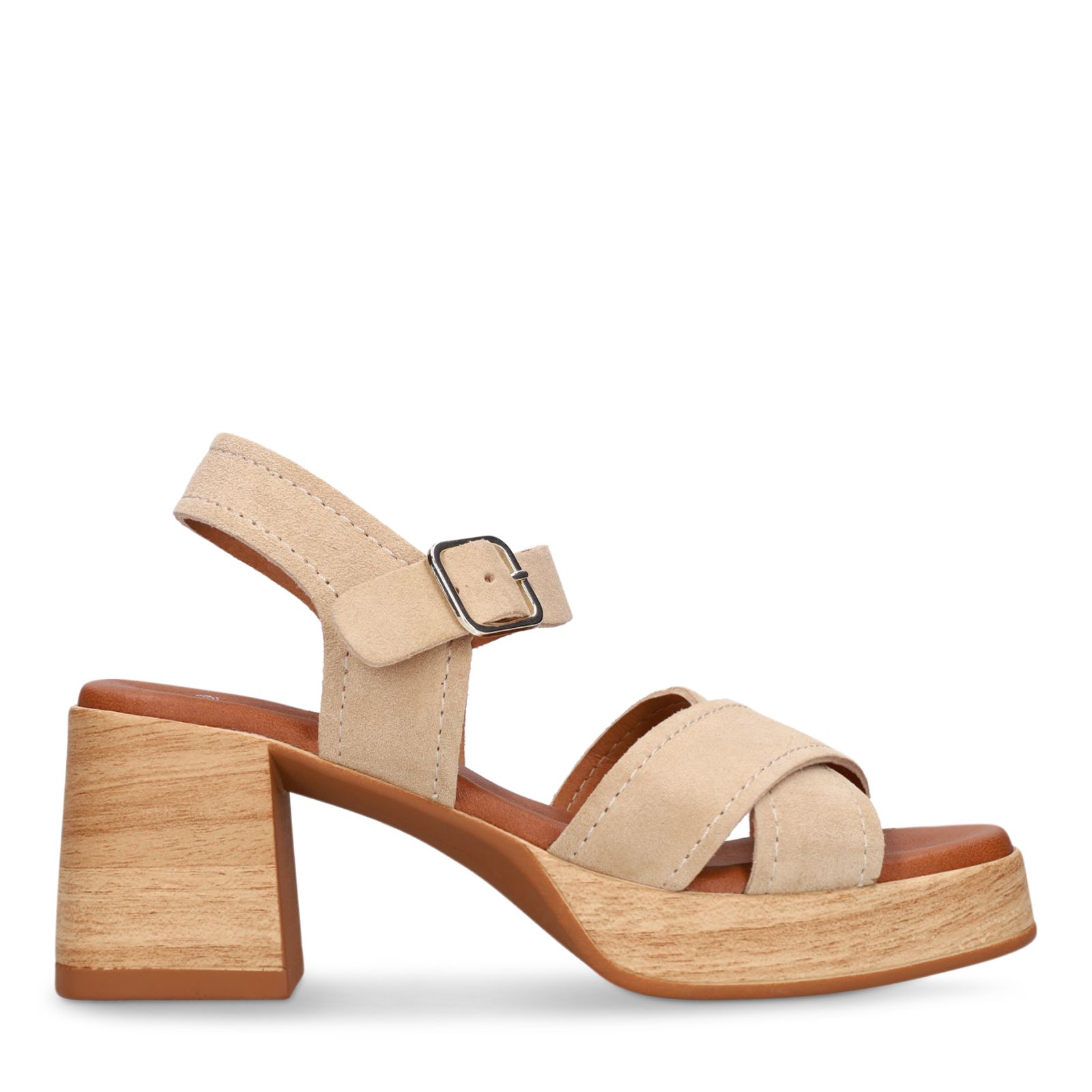 Beige suède sandalen met blokhak