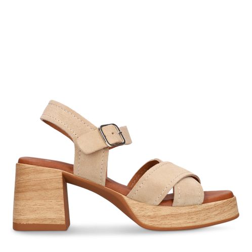 Beigefarbene Veloursleder-Sandaletten mit Blockabsatz