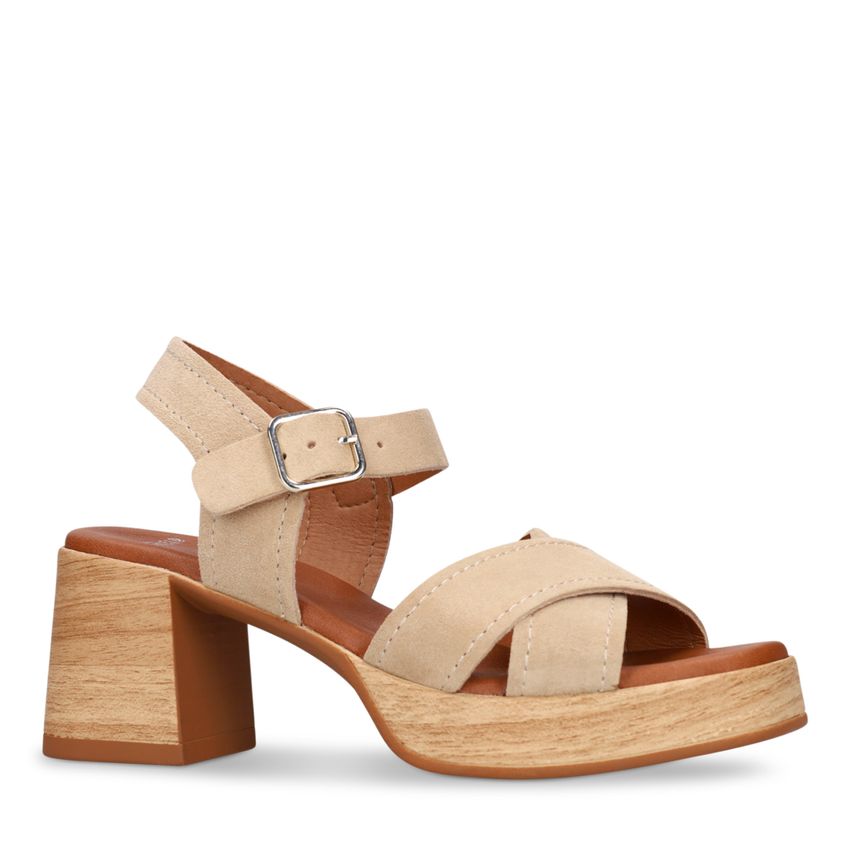 Beige suède sandalen met blokhak