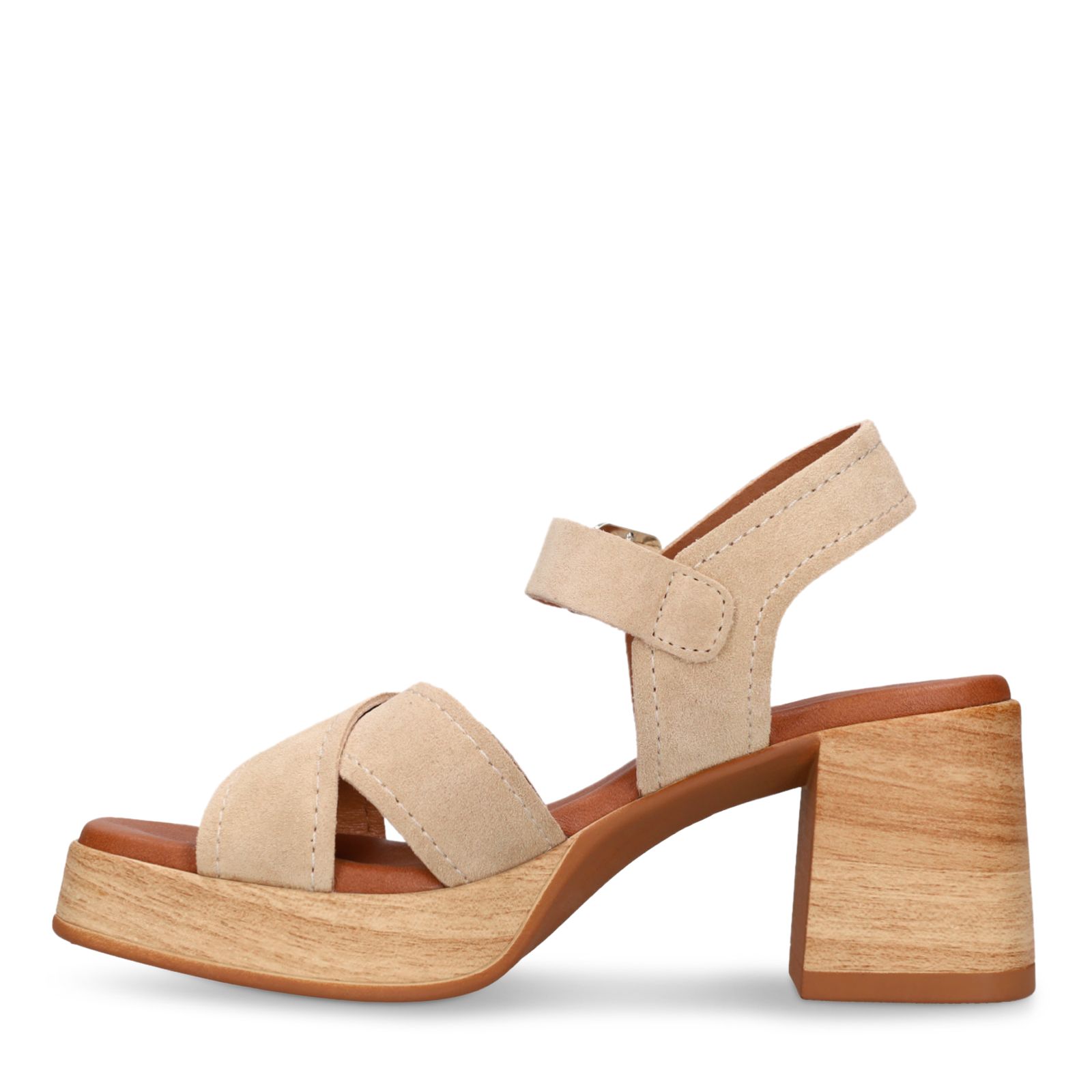 Beige suède sandalen met blokhak