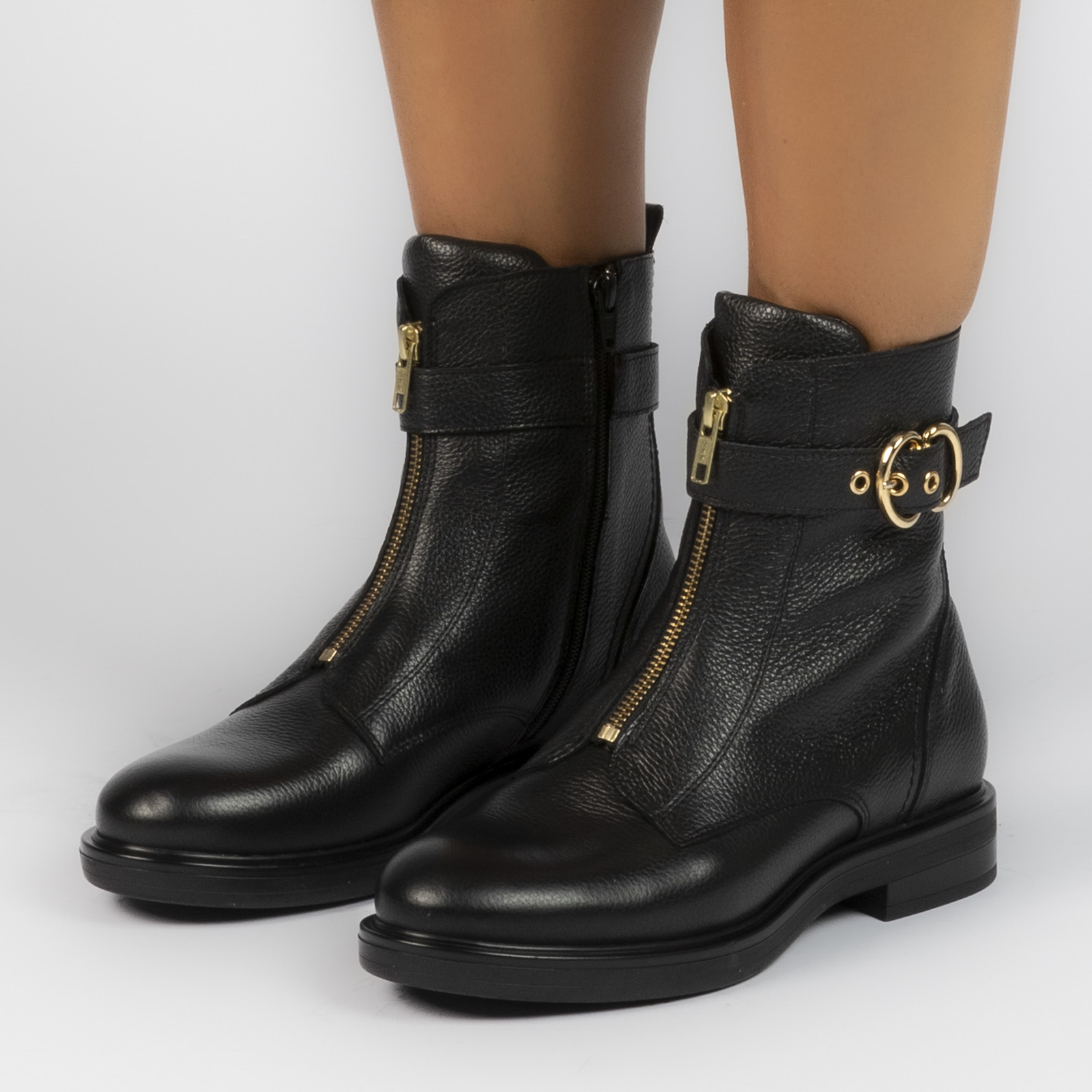 Zwarte leren biker boots met gesp Biker boots Manfield Manfield