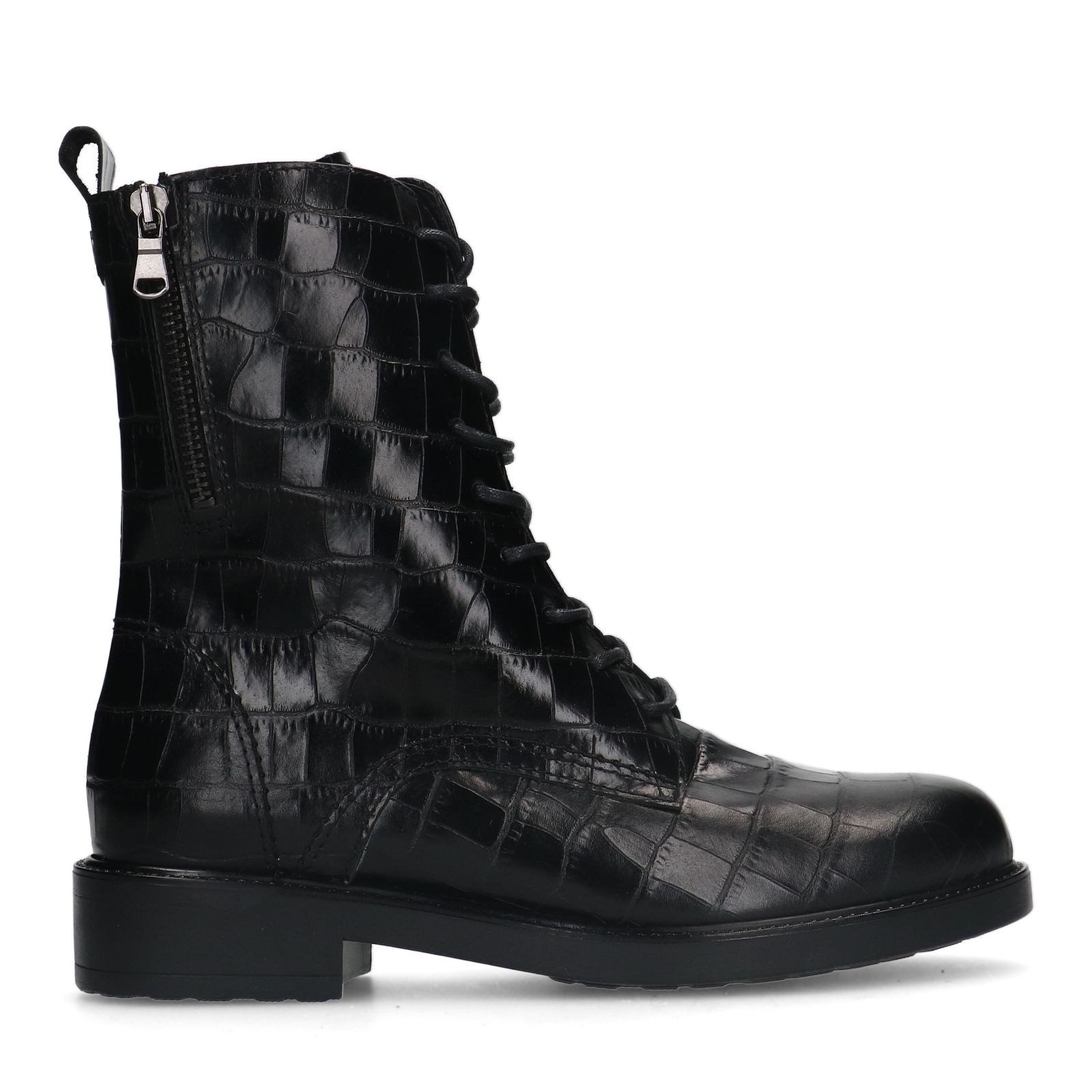 Zwarte leren veterlaarsjes met crocoprint