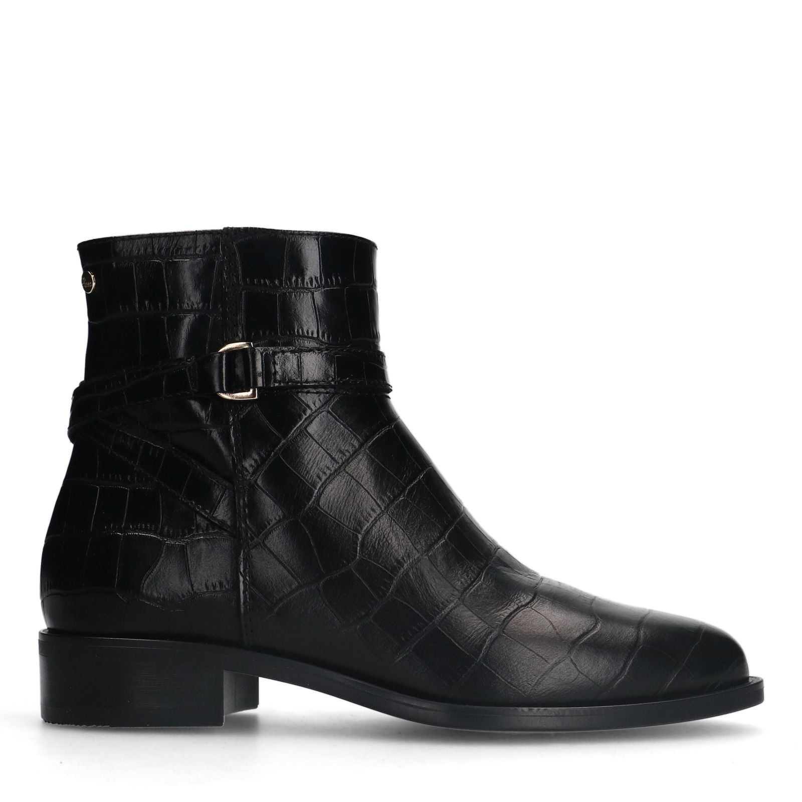Schwarze Lederstiefeletten mit Krokomuster