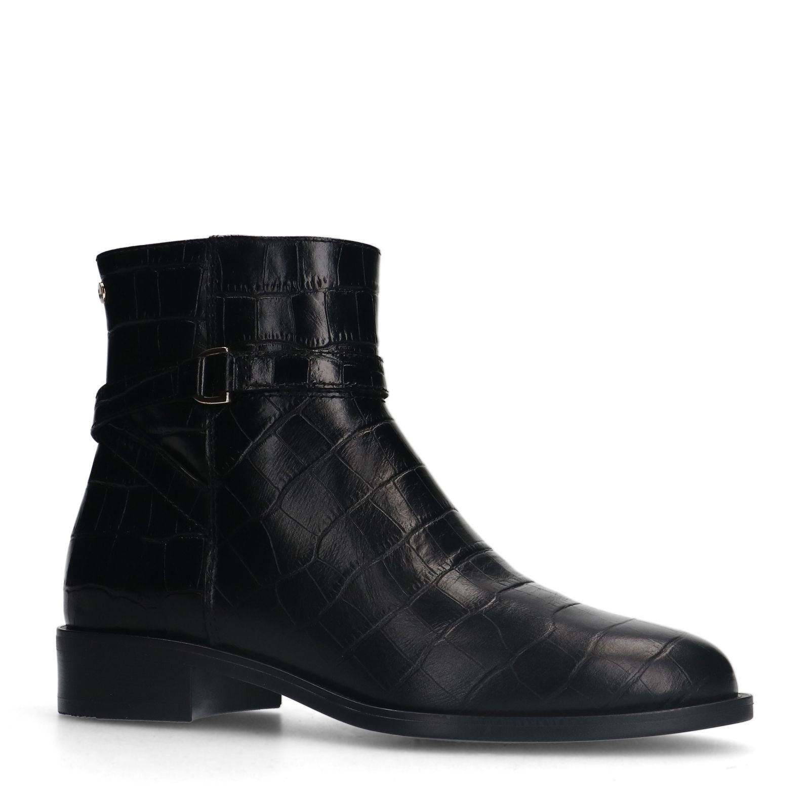 Schwarze Lederstiefeletten mit Krokomuster
