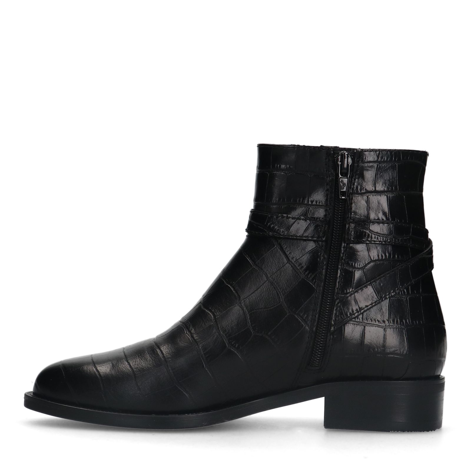 Schwarze Lederstiefeletten mit Krokomuster