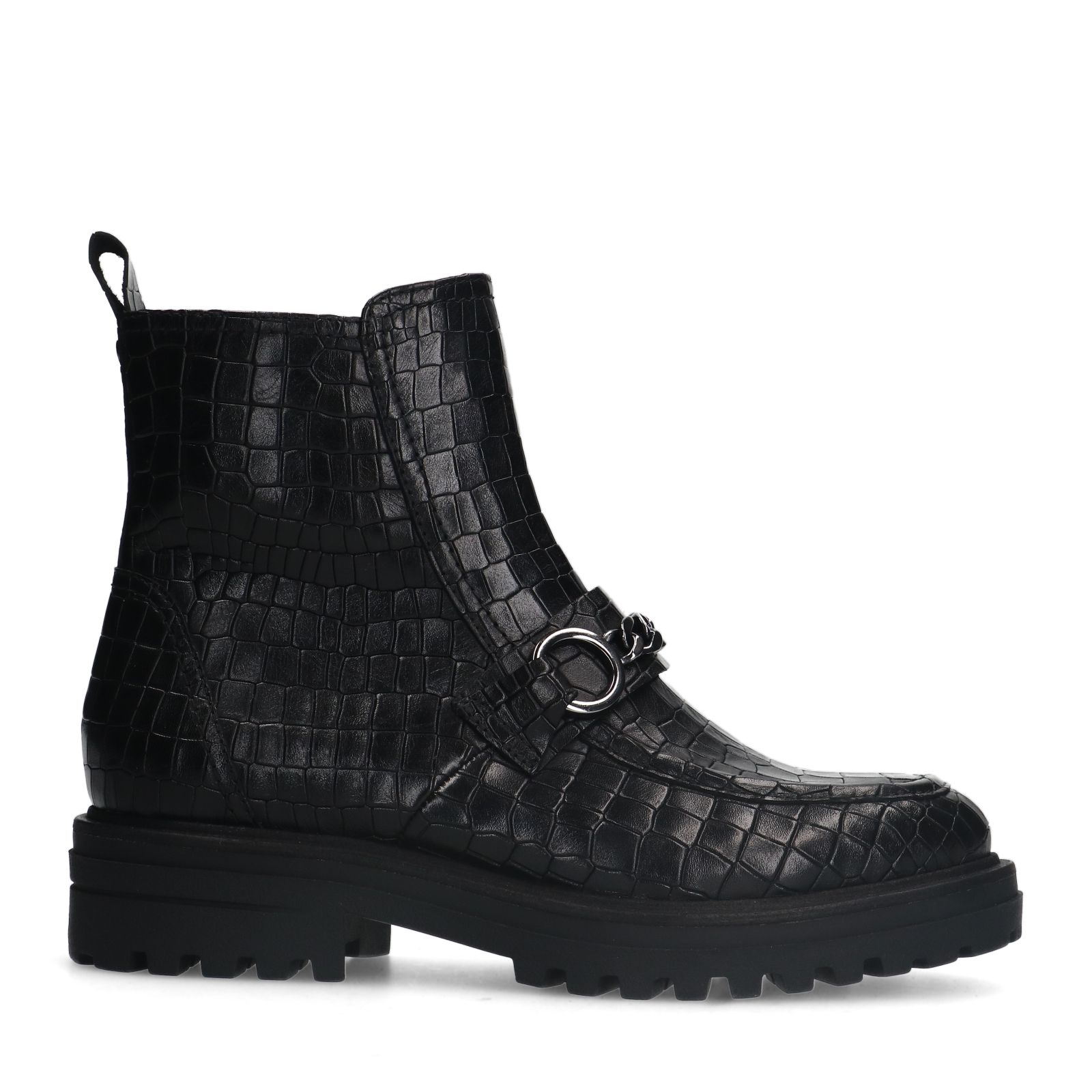 Schwarze Lederboots mit Krokomuster und Ketten-Detail