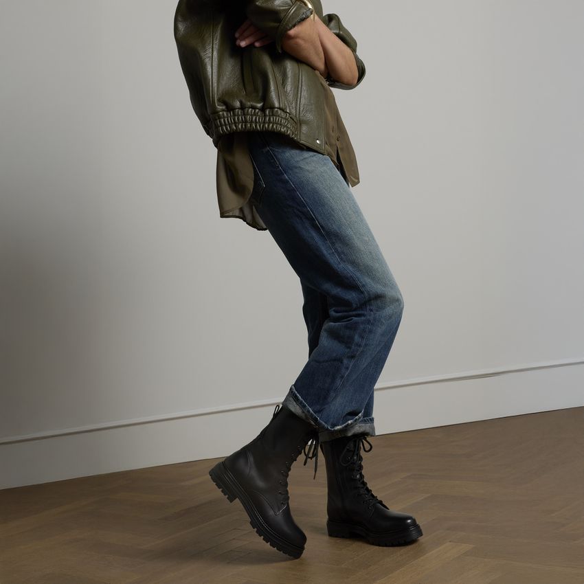 Zwarte leren biker boots met veters