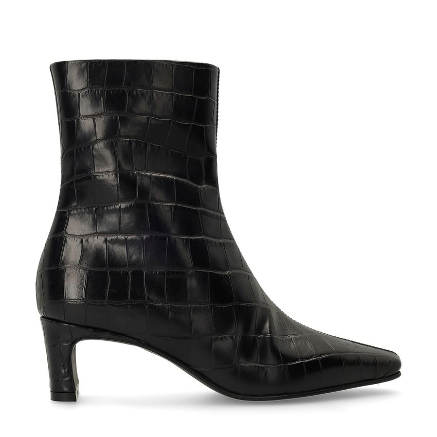 Schwarze Lederstiefeletten mit Absatz und Krokomuster