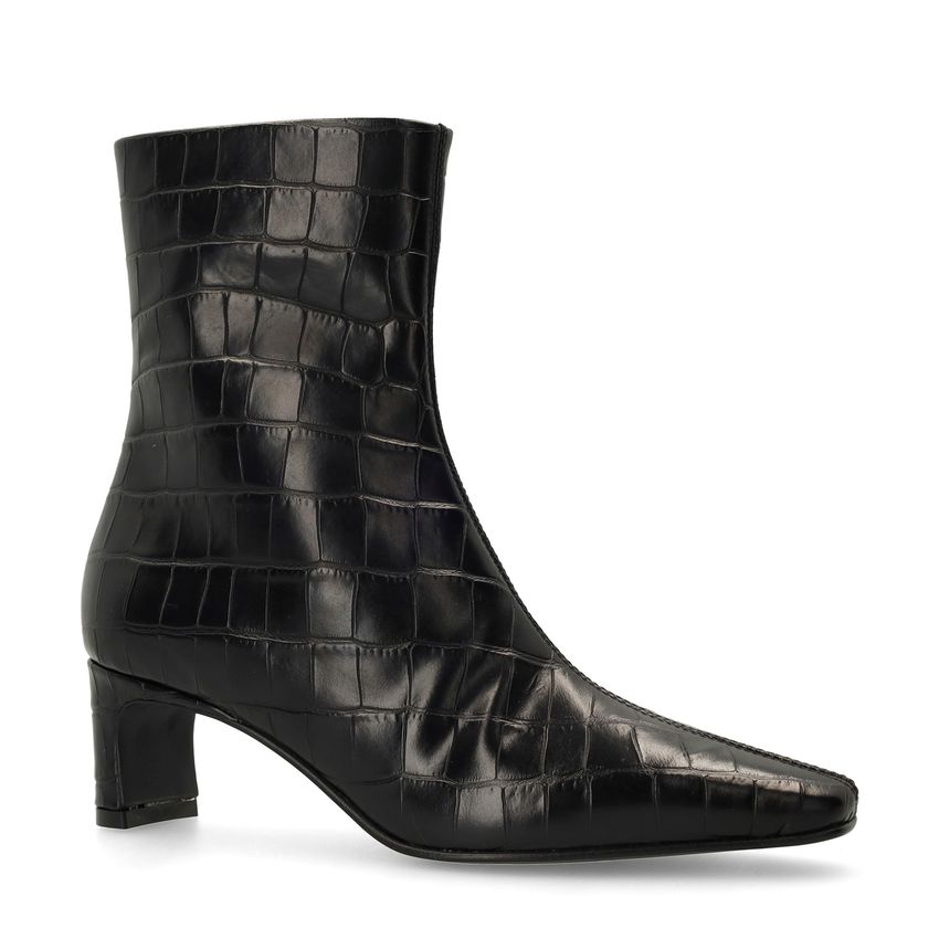 Schwarze Lederstiefeletten mit Absatz und Krokomuster
