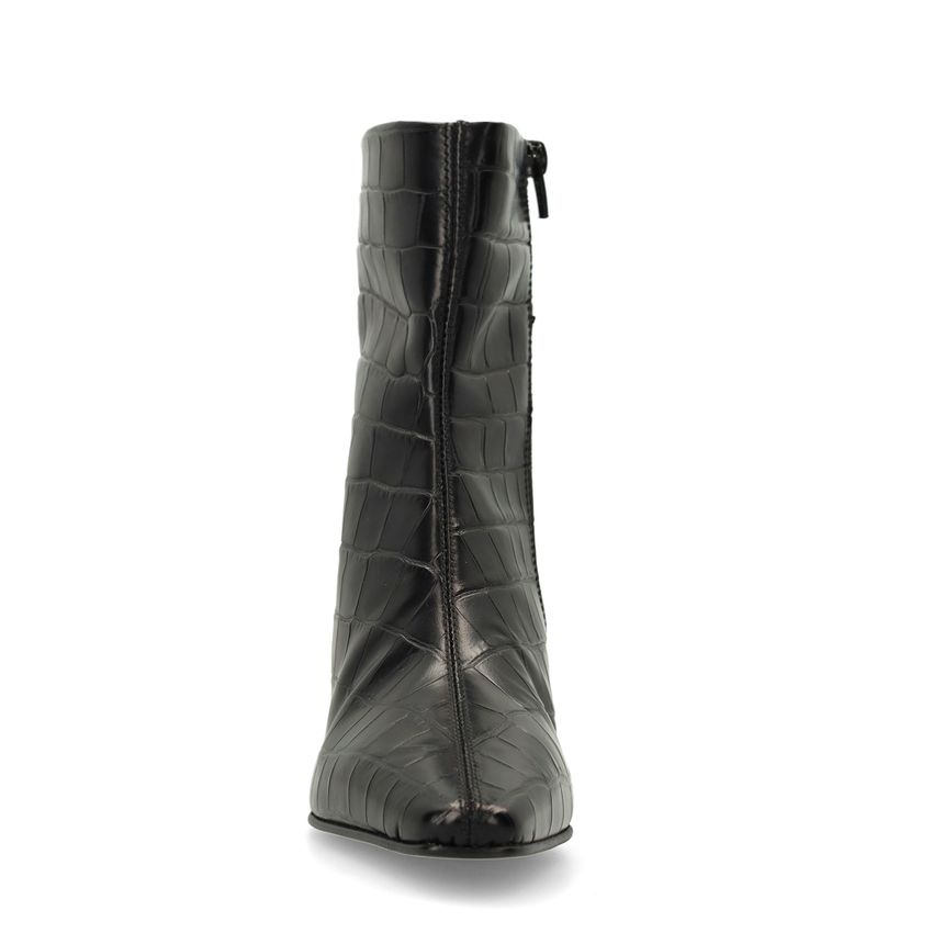 Schwarze Lederstiefeletten mit Absatz und Krokomuster