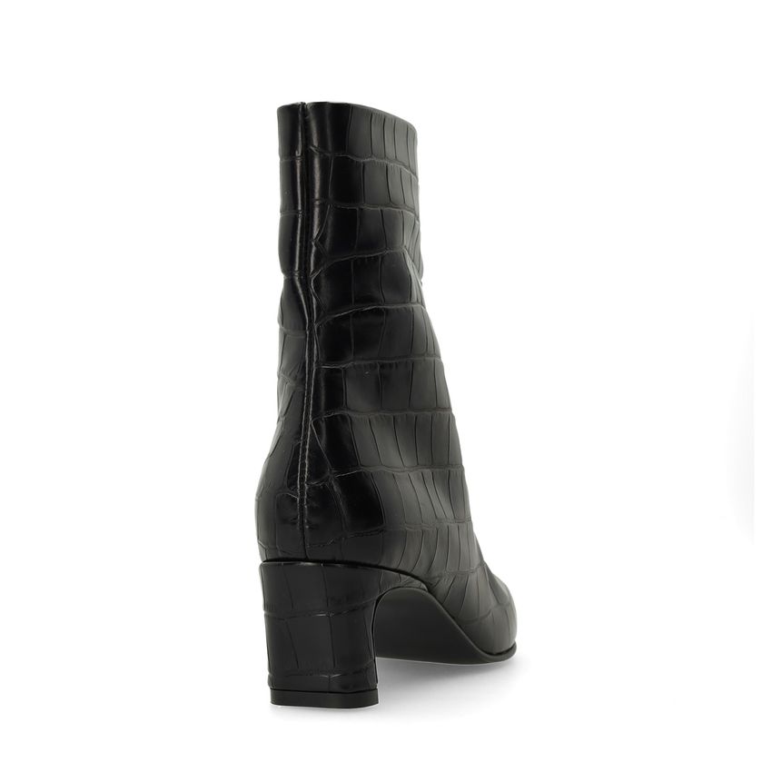 Schwarze Lederstiefeletten mit Absatz und Krokomuster