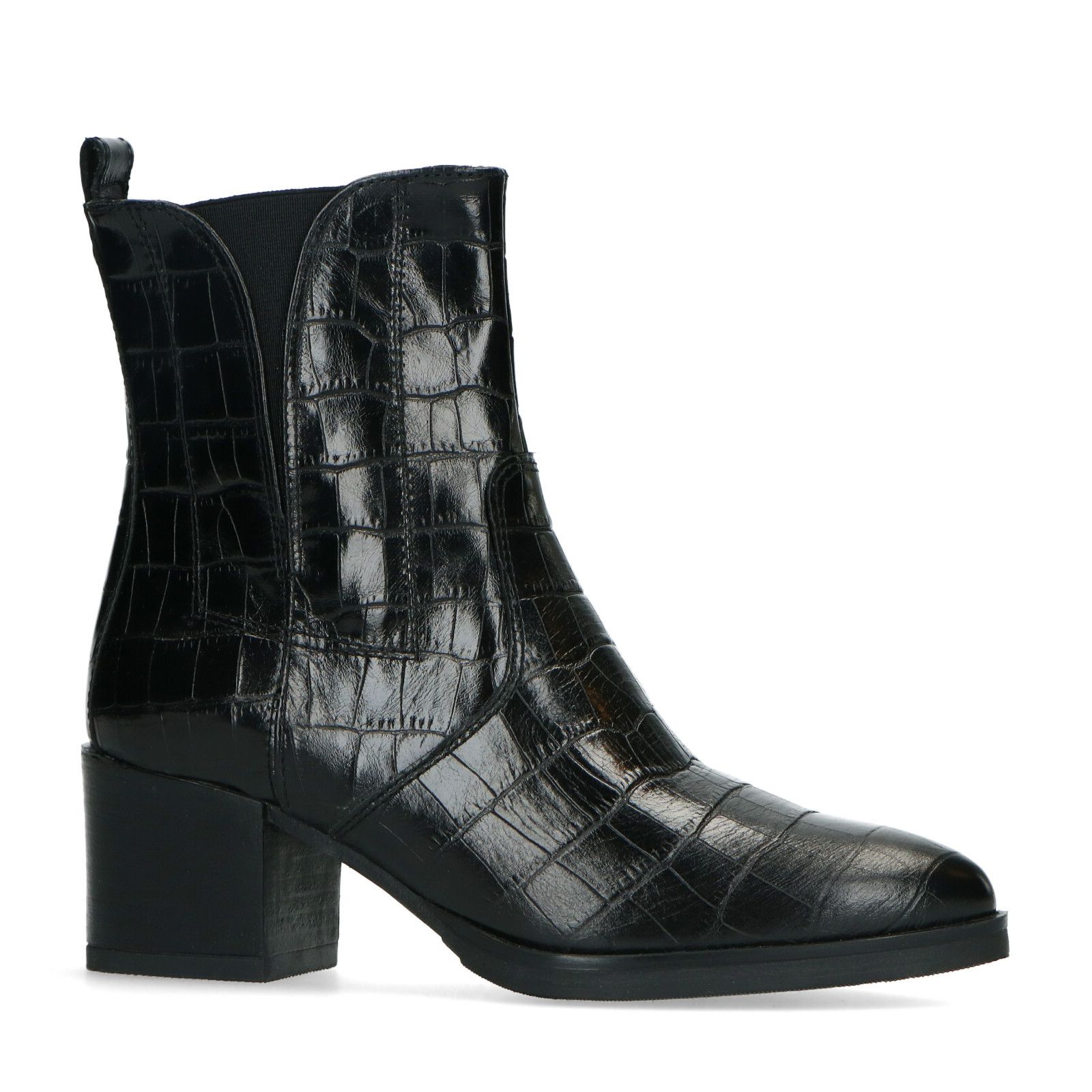Zwarte enkellaarsjes met crocoprint