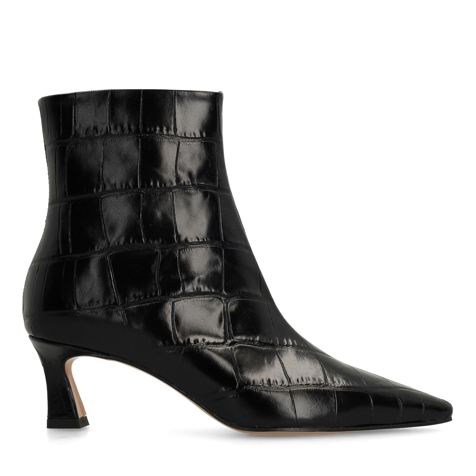 Schwarze Lederstiefeletten mit Absatz und Krokomuster