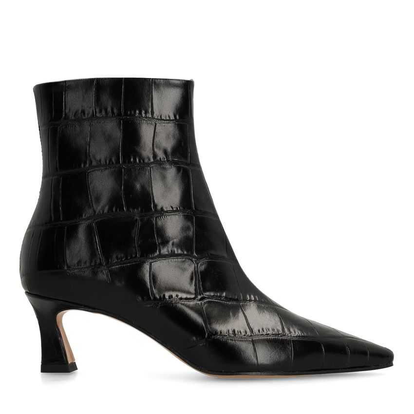 Schwarze Lederstiefeletten mit Absatz und Krokomuster