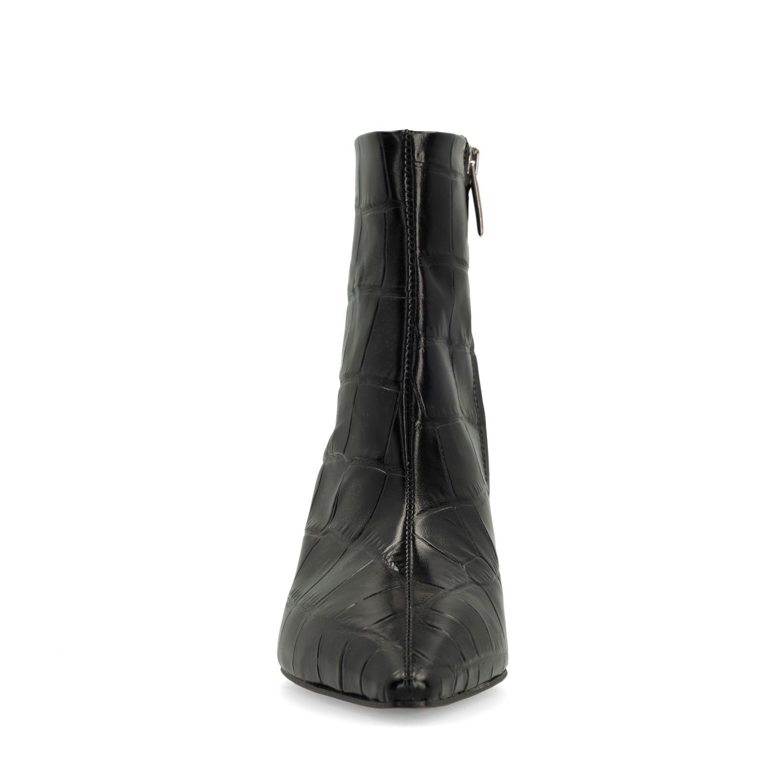 Schwarze Lederstiefeletten mit Absatz und Krokomuster