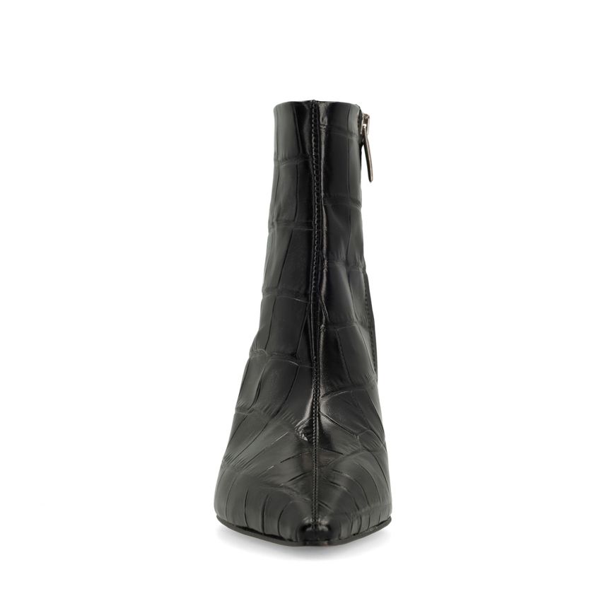 Schwarze Lederstiefeletten mit Absatz und Krokomuster