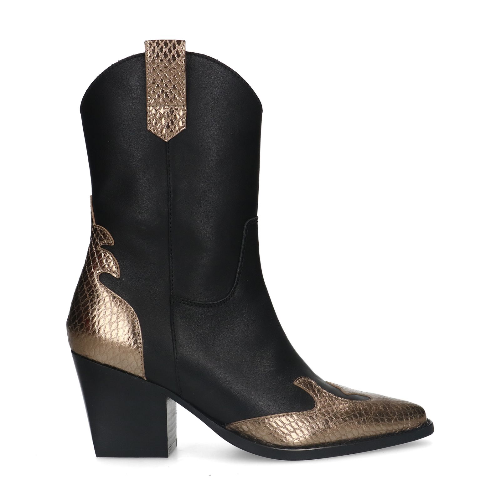 Zwarte leren cowboy laarzen met goudkleurige details