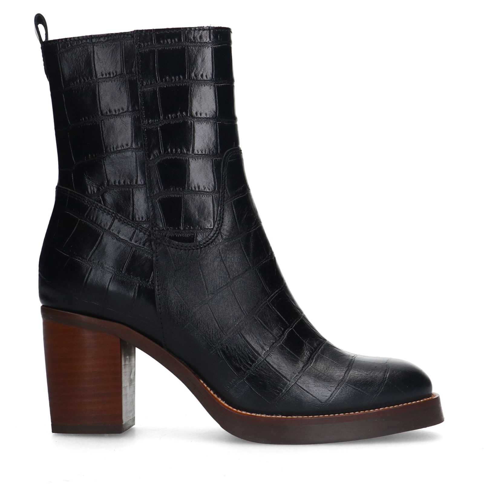 Schwarze Lederstiefeletten mit Krokomuster