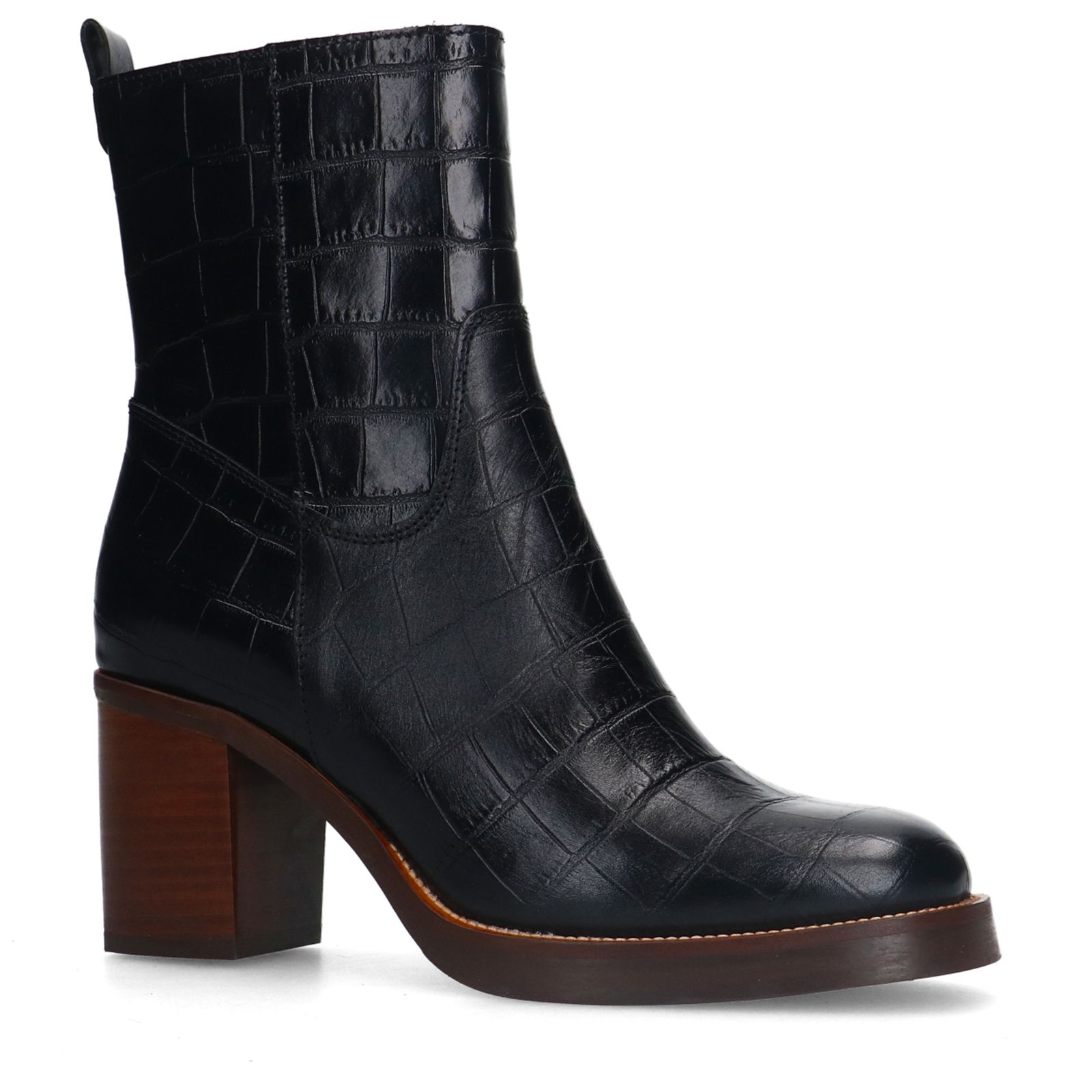 Schwarze Lederstiefeletten mit Krokomuster