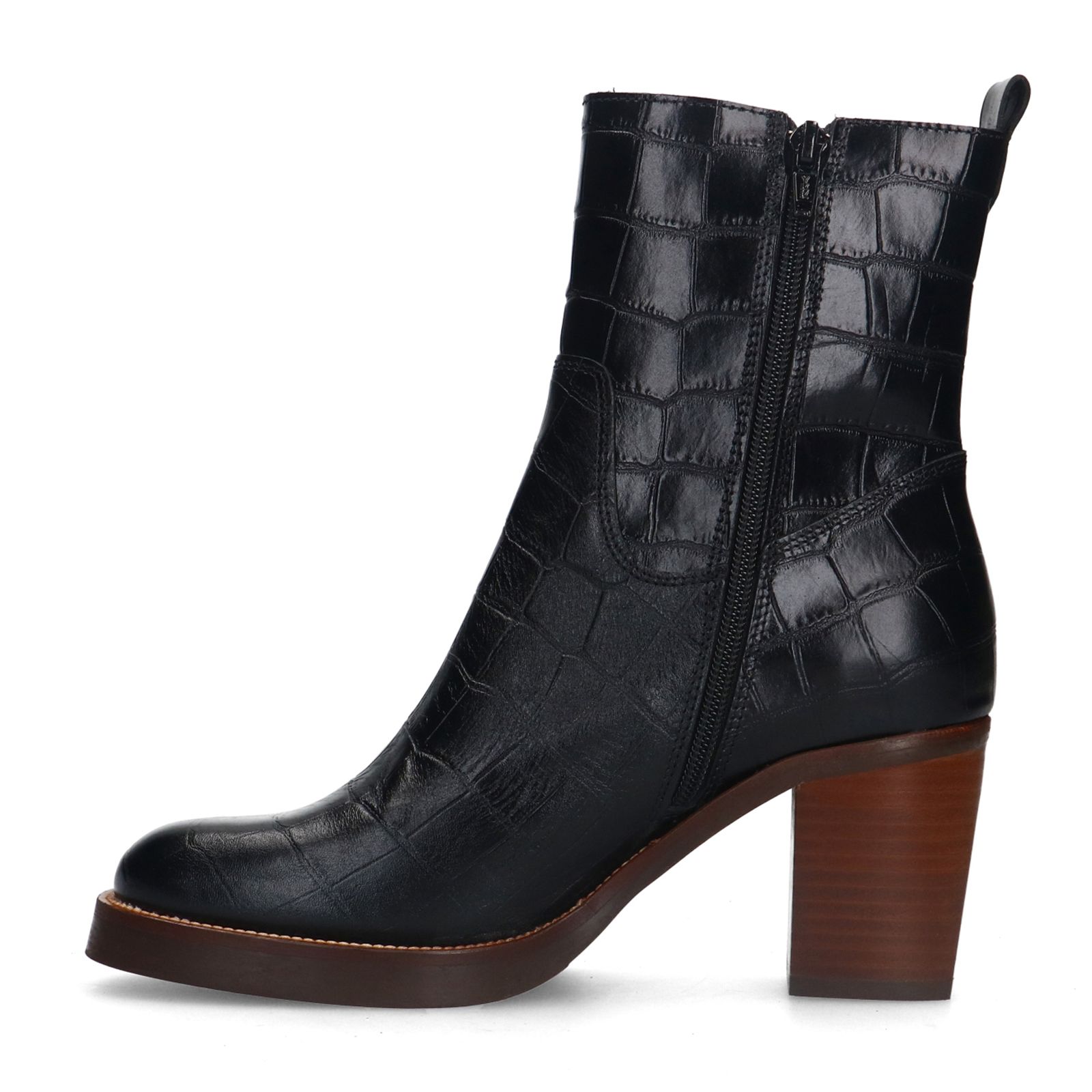 Schwarze Lederstiefeletten mit Krokomuster