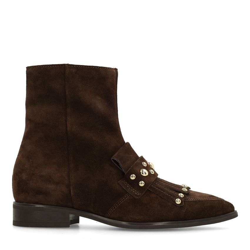 Dunkelbraune Veloursleder-Stiefeletten mit Nieten